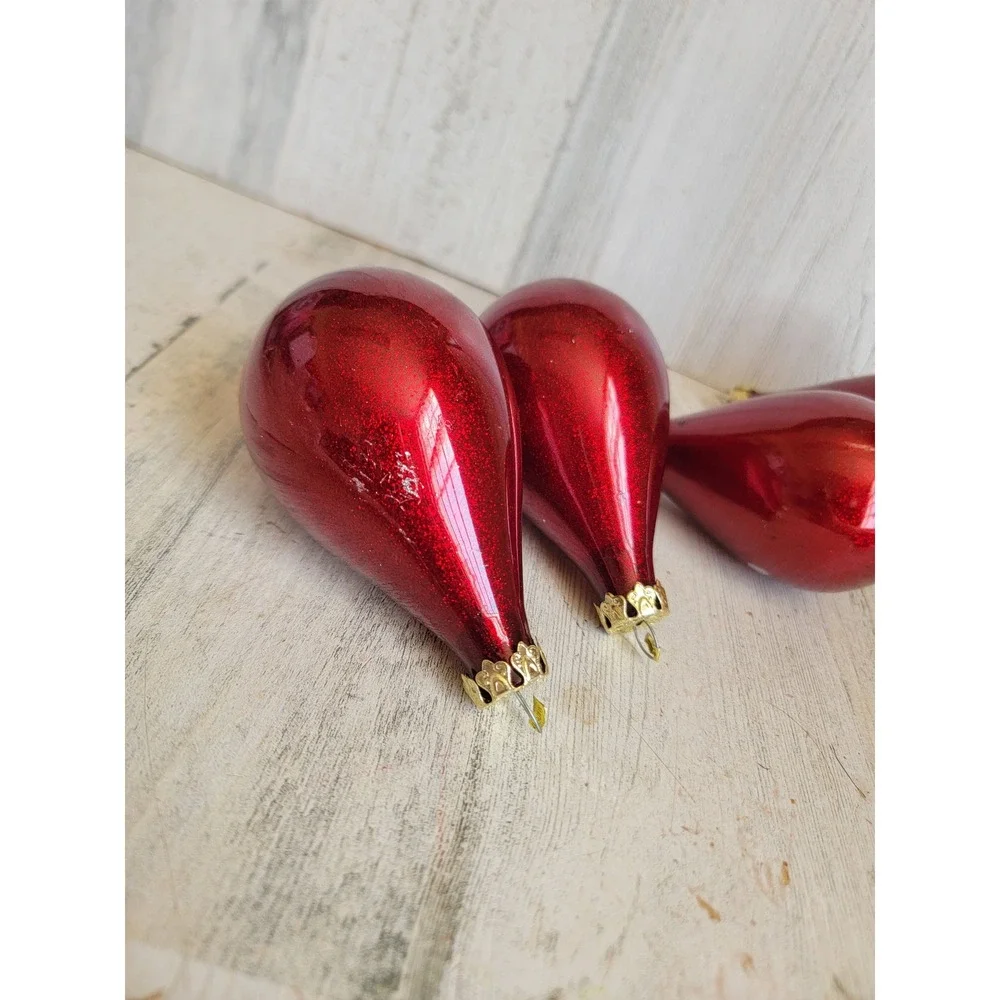 Vintage dark red glitter teardrop glass ornament Xmas set unique home decor